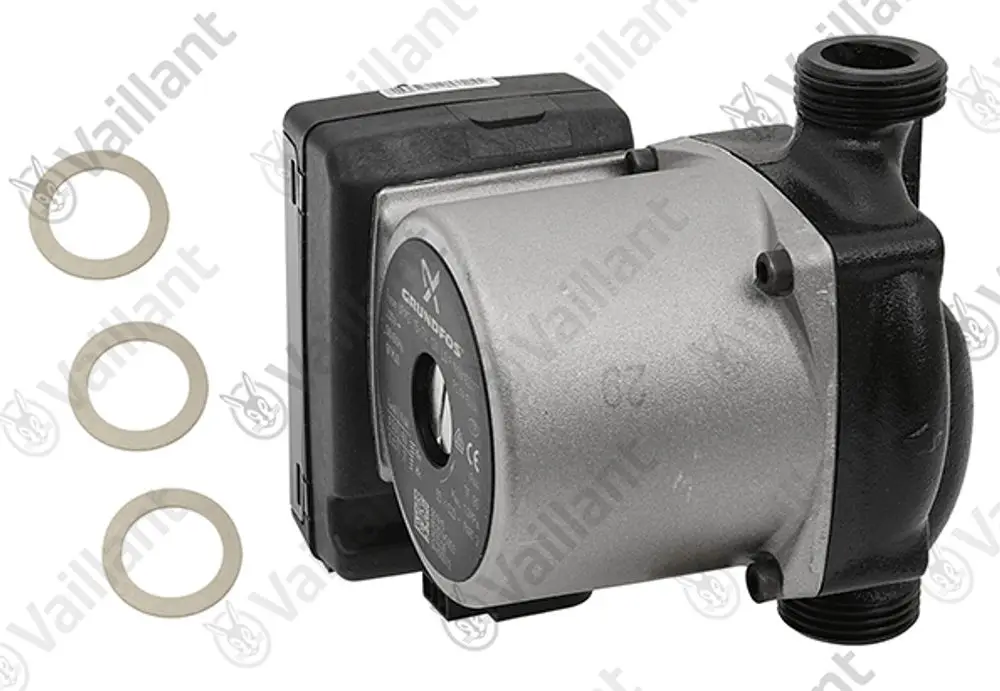 Vaillant Pumpe mit elektrischen Anschlüssen und drei Dichtungsringen, geeignet für Heizungsanlagen und Wasserversorgung. Gehäuse in Schwarz und Silber.